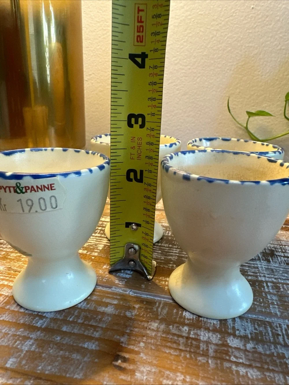 Vintage Ceramic Egg Cups Hand-painted Rooster Design Blue Sponged Rim Easter